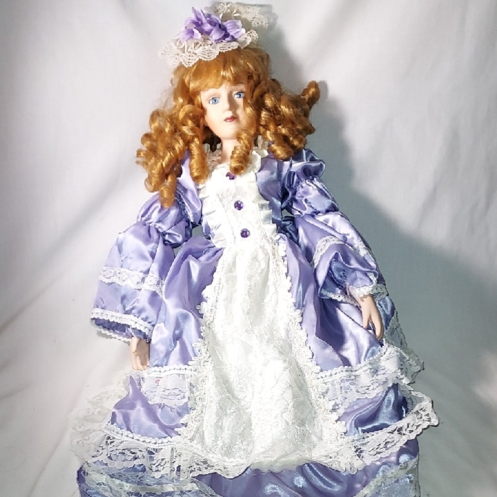 Vintage Elegant Victorian Doll Painted Face Long Lashes Purple & Lace Dress